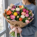 101 тюльпан микс в руках у девушки