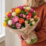 25 тюльпанов микс в руках у девушки
