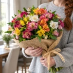 Букет Альстромерия в красном в руках у девушки