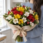 Букет Альстромерия в розовой упаковке в руках у девушки
