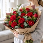 Букет из 15 красных роз в руках у девушки
