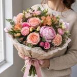 Букет из 25 розовых роз в руках у девушки