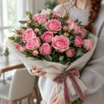 Букет из 31 розовой розы в руках у девушки