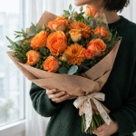 Букет из Гипсофил Оранжевое облако в руках у девушки