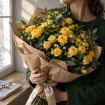 Девушка держит в руках букет из кустовых роз Солнечное настроение
