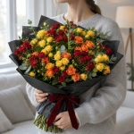 Букет из кустовых роз Солнечный фейерверк в руках у девушки