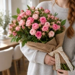 Букет из кустовых розовых роз Нежный розовый каприз в руках у девушки