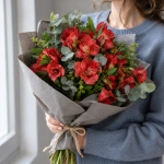 Букет красные альстромерии Алый поцелуй в руках у девушки