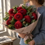 Девушка держит в руках букет красных георгинов Бархатный акцент