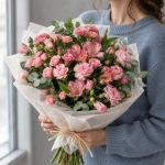Букет кустовых роз Розовый акцент в руках у девушки