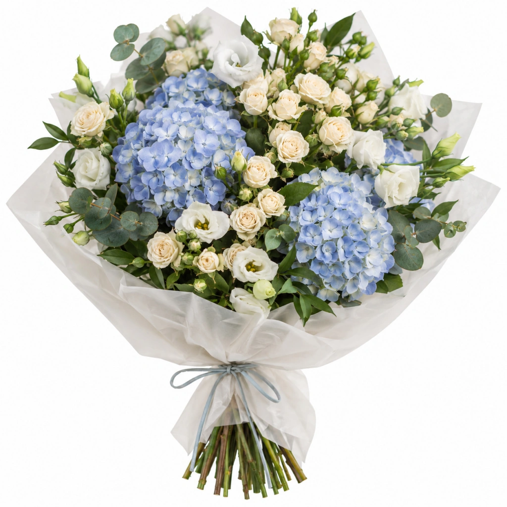 Букет с гортензией Небесная гармония на белом фоне