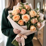 Букет Персиковое утро в руках у девушки
