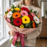 Букет Радуга гербер в руках у девушки