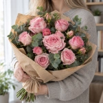 Букет Розовый купол в руках у девушки