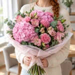 Букет Розовый закат в руках у девушки