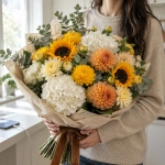 Девушка держит в руках букет Солнечное утро