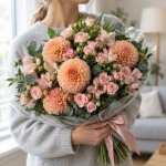 Букет Персиковый акцент в руках у девушки