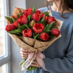 Букет красных тюльпанов, 15 шт. в руках у девушки