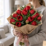 Букет красных тюльпанов, 25 шт. в руках у девушки