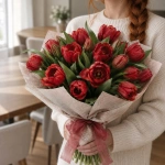 Букет красных тюльпанов, 51 шт. в руках у девушки