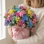 Радужная гипсофила в двух коробках Маме и дочке в руках у девушки