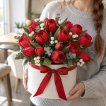 Цветы в коробке Пылающая страсть в руках у девушки